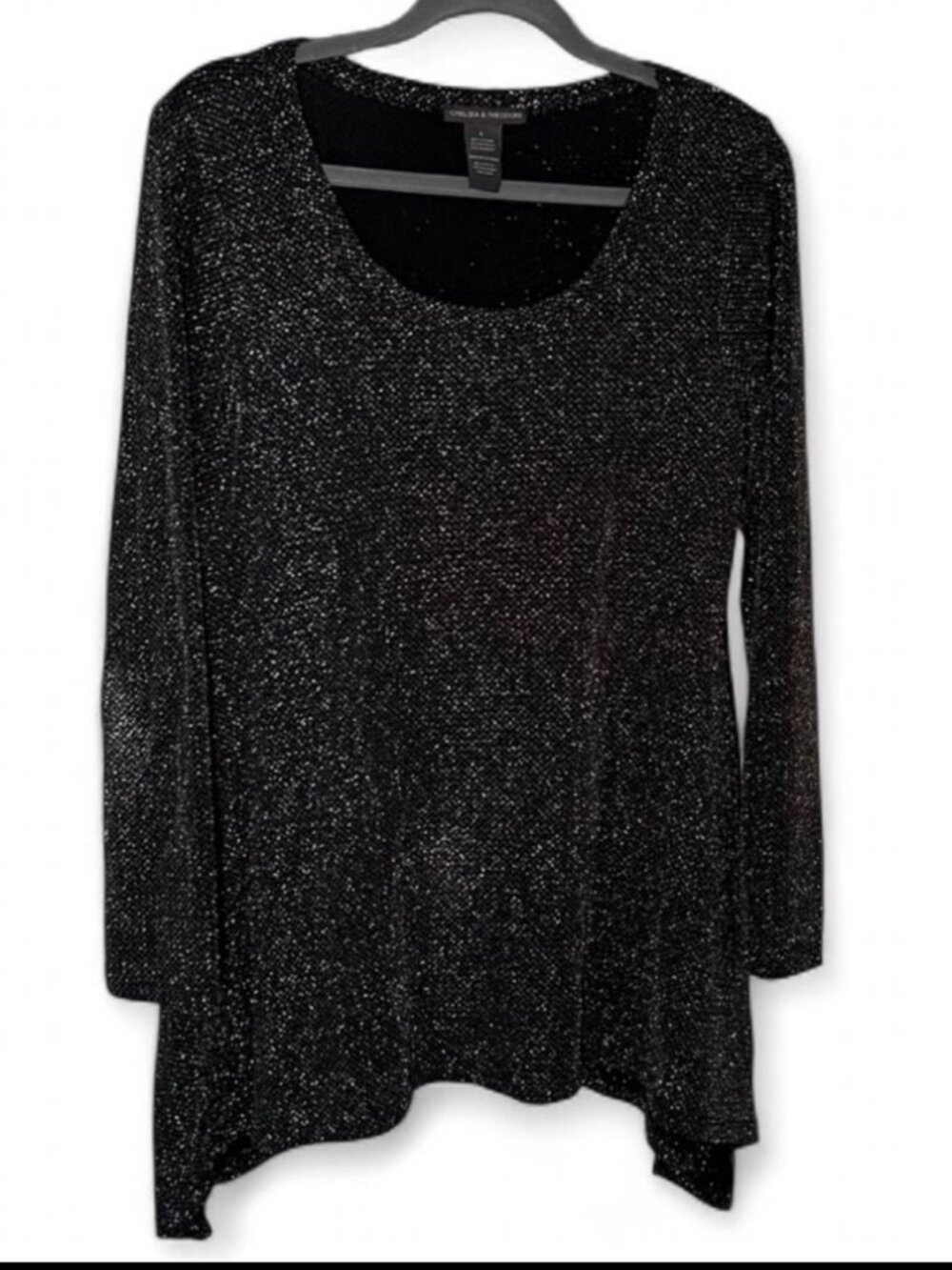3 for $12 Chelsea & Theodore Black Metallic Shimmer Sharkbite Tunic Top Large